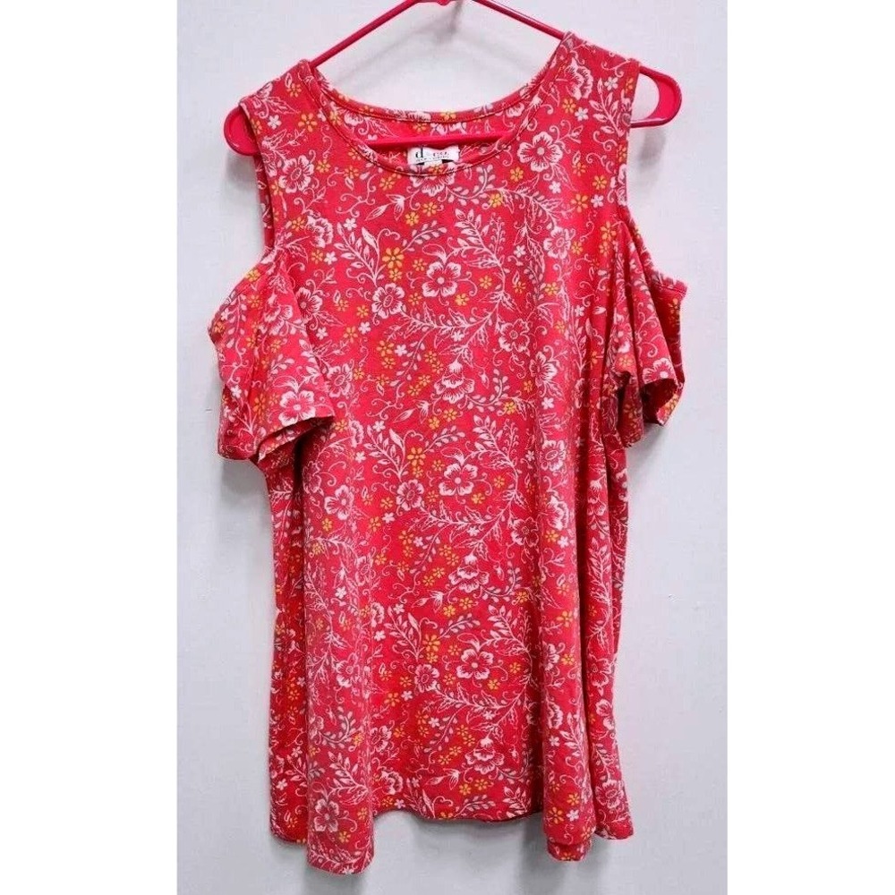Denim & Co Cold Shoulder Floral Top Womens XL Pink Short Sleeve Casual Summer
